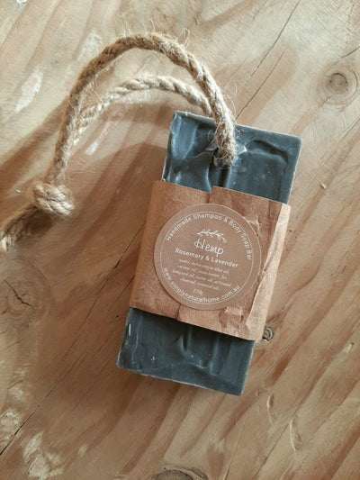 Image of Hemp Shampoo and Soap Bar Rosemary & Lavender. Rustic soap on a rope. Waste free packaging. All natural handcrafted soap.